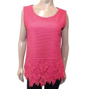 💠CLEO Sleeveless Crochet Overlay Top Floral Lace Hem Barbie Pink Scoop Neck